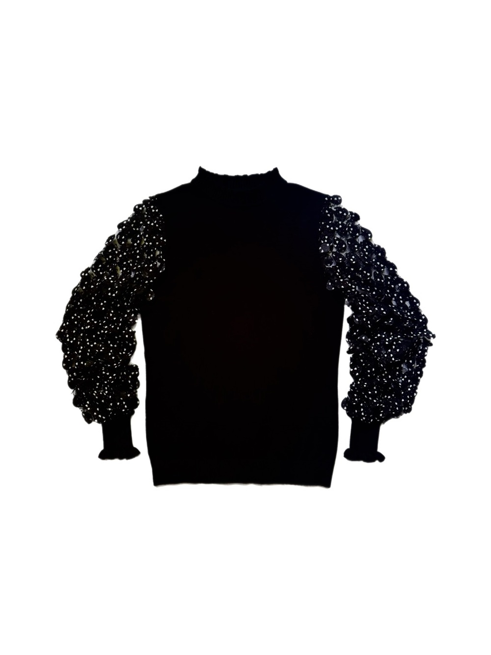 Sioni Milano Heart Mesh Sheer Ruffled Sleeves Black Knit Sweater